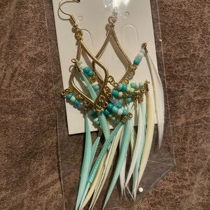 Turquoise and white feather beaded earrings.